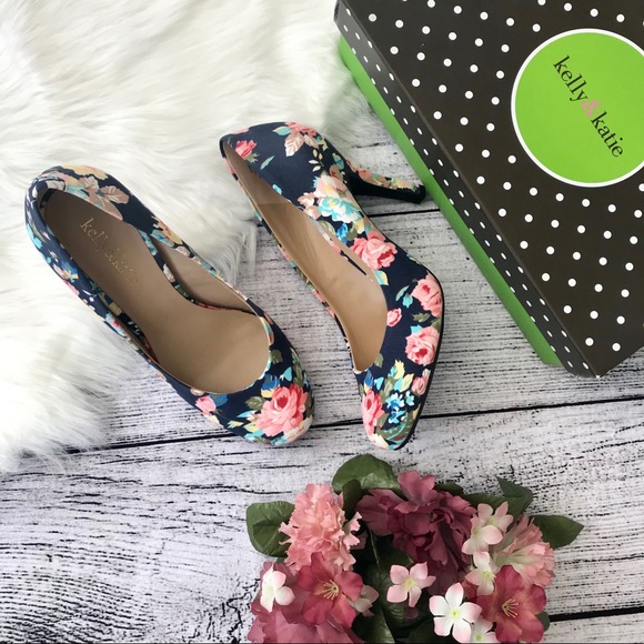 Kelly & Katie Shoes - KELLY & KATIE Navy Floral Fabric Heels 00705